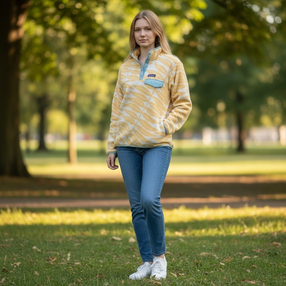 Patagonia Synchilla Lightweight Snap-T Fleece Pullover Leaf Print Yellow Small